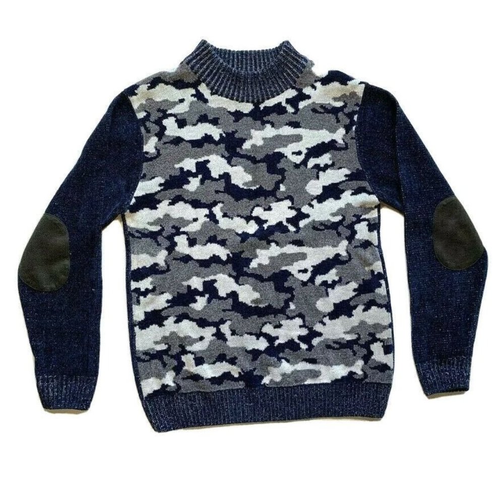 Royal Prestige Camo Sweater Mens Medium‎ M Velour Elbow Patch Chunky Knit Rayon
